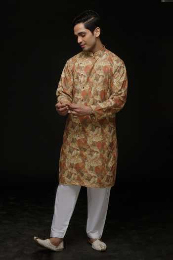 Sven Suits_Multi Color Polyester, Cotton Leafy Print Kurta And Pant Set _Online_at_Aza_Fashions