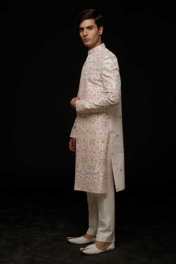Sven Suits_Beige Silk Embroidered Sherwani And Pant Set _Online_at_Aza_Fashions