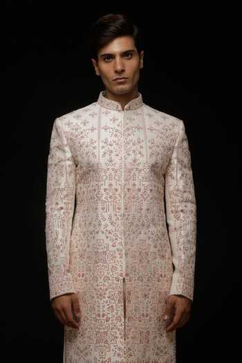 Buy_Sven Suits_Beige Silk Embroidered Sherwani And Pant Set _Online_at_Aza_Fashions