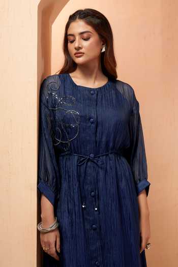 Savaaya_Blue Tissue Round Neck Placement Embellished Dress _Online_at_Aza_Fashions
