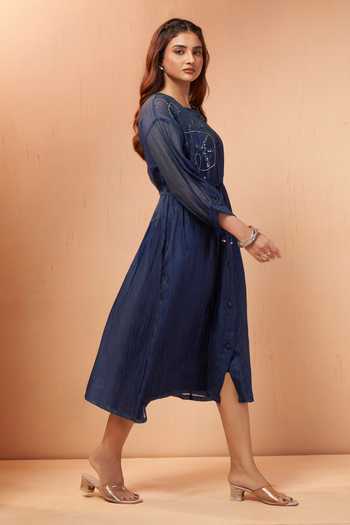 Buy_Savaaya_Blue Tissue Round Neck Placement Embellished Dress _Online_at_Aza_Fashions