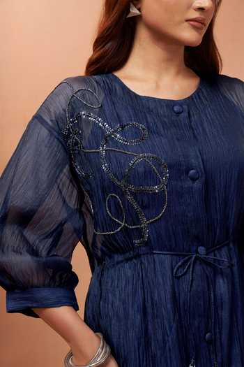 Shop_Savaaya_Blue Tissue Round Neck Placement Embellished Dress _Online_at_Aza_Fashions