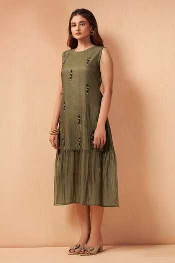 Savaaya Olive Green Tissue Round Neck Mist Handwork Dress Online at Aza Fashions Savaaya_Olive Green Tissue Round Neck Mist Handwork Dress _Online_at_Aza_Fashions