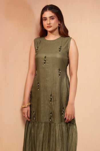 Buy Savaaya Olive Green Tissue Round Neck Mist Handwork Dress Online at Aza Fashions Buy_Savaaya_Olive Green Tissue Round Neck Mist Handwork Dress _Online_at_Aza_Fashions