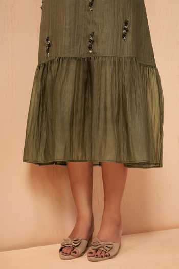 Shop Savaaya Olive Green Tissue Round Neck Mist Handwork Dress Online at Aza Fashions Shop_Savaaya_Olive Green Tissue Round Neck Mist Handwork Dress _Online_at_Aza_Fashions