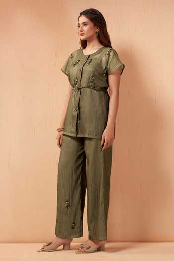 Savaaya_Olive Green Tissue Round Neck Sienna Handwork Shirt And Pant Set _Online_at_Aza_Fashions