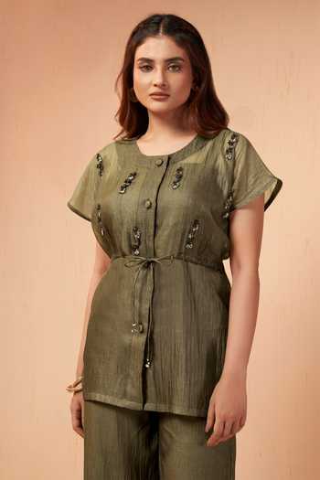 Buy_Savaaya_Olive Green Tissue Round Neck Sienna Handwork Shirt And Pant Set _Online_at_Aza_Fashions