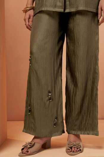 Shop_Savaaya_Olive Green Tissue Round Neck Sienna Handwork Shirt And Pant Set _Online_at_Aza_Fashions