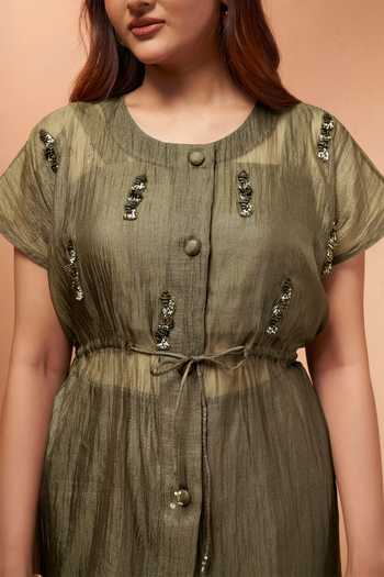 Savaaya_Olive Green Tissue Round Neck Sienna Handwork Shirt And Pant Set _at_Aza_Fashions