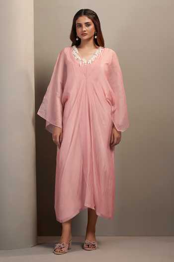 Savaaya Pink Tissue V-neck Halo Dress Online at Aza Fashions Savaaya_Pink Tissue V-neck Halo Dress _Online_at_Aza_Fashions