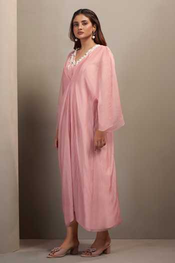 Buy Savaaya Pink Tissue V-neck Halo Dress Online at Aza Fashions Buy_Savaaya_Pink Tissue V-neck Halo Dress _Online_at_Aza_Fashions