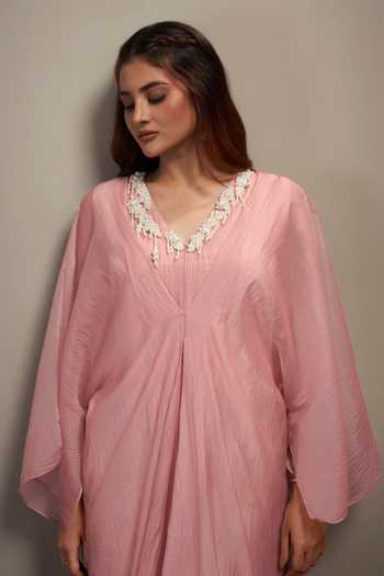 Shop Savaaya Pink Tissue V-neck Halo Dress Online at Aza Fashions Shop_Savaaya_Pink Tissue V-neck Halo Dress _Online_at_Aza_Fashions