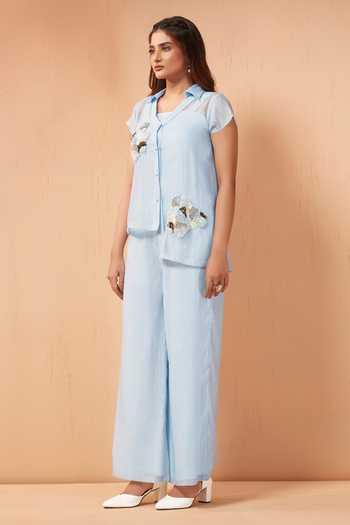 Savaaya Blue Tissue Collared Neck Pearl Embroidered Shirt And Pant Set Online at Aza Fashions Savaaya_Blue Tissue Collared Neck Pearl Embroidered Shirt And Pant Set _Online_at_Aza_Fashions