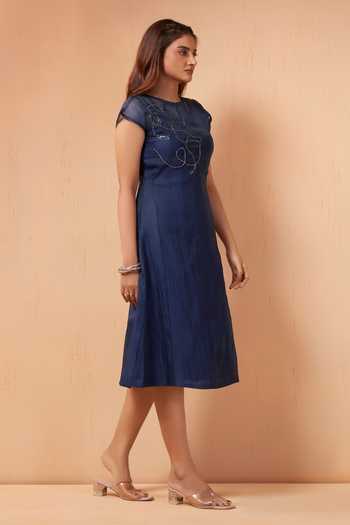Savaaya_Blue Tissue Round Neck Lyra Handwork Midi Dress _Online_at_Aza_Fashions