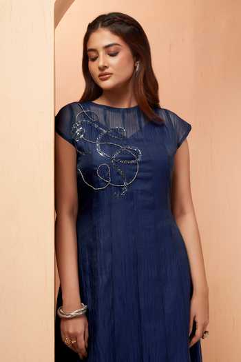 Buy_Savaaya_Blue Tissue Round Neck Lyra Handwork Midi Dress _Online_at_Aza_Fashions