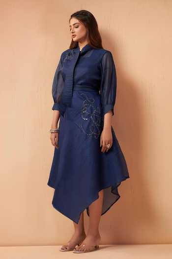Savaaya_Blue Tissue Mandarin Collar Solis Handwork Shirt And Skirt Set _Online_at_Aza_Fashions