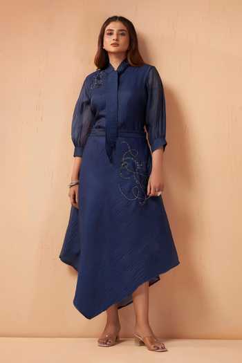 Buy_Savaaya_Blue Tissue Mandarin Collar Solis Handwork Shirt And Skirt Set _Online_at_Aza_Fashions