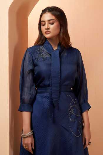 Shop_Savaaya_Blue Tissue Mandarin Collar Solis Handwork Shirt And Skirt Set _Online_at_Aza_Fashions