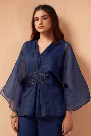 Savaaya Blue Tissue V-neck Aura Handwork Top And Pant Set Online at Aza Fashions Savaaya_Blue Tissue V-neck Aura Handwork Top And Pant Set _Online_at_Aza_Fashions