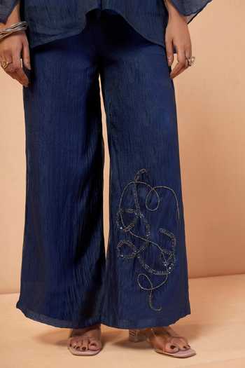 Shop Savaaya Blue Tissue V-neck Aura Handwork Top And Pant Set Online at Aza Fashions Shop_Savaaya_Blue Tissue V-neck Aura Handwork Top And Pant Set _Online_at_Aza_Fashions
