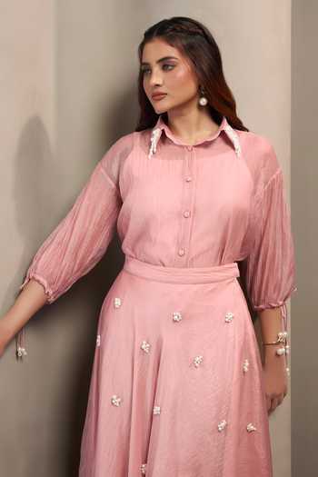 Savaaya_Pink Tissue Collared Neck Aria Embellished Shirt And Skirt Set _Online_at_Aza_Fashions