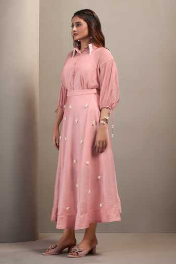 Buy_Savaaya_Pink Tissue Collared Neck Aria Embellished Shirt And Skirt Set _Online_at_Aza_Fashions
