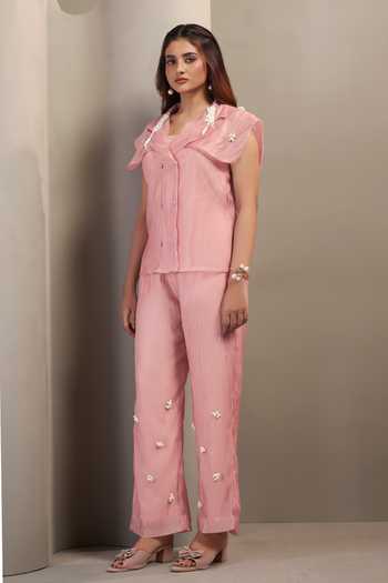 Savaaya_Pink Tissue Collared Neck Gleam Handwork Top And Pant Set _Online_at_Aza_Fashions