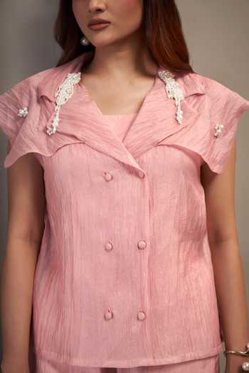 Savaaya_Pink Tissue Collared Neck Gleam Handwork Top And Pant Set _at_Aza_Fashions