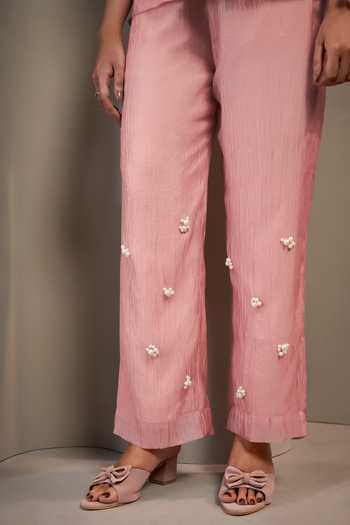 Buy_Savaaya_Pink Tissue Collared Neck Gleam Handwork Top And Pant Set 