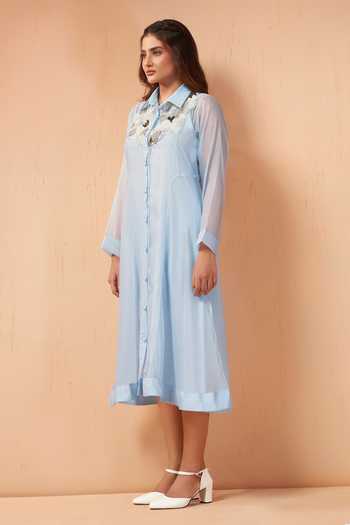 Buy_Savaaya_Blue Tissue Collared Neck Radiance Handwork Dress _Online_at_Aza_Fashions