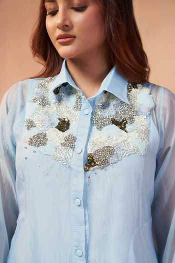 Shop_Savaaya_Blue Tissue Collared Neck Radiance Handwork Dress _Online_at_Aza_Fashions