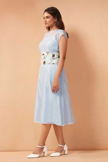 Savaaya Sky Blue Tissue Round Neck Isla Handwork Dress Online at Aza Fashions Savaaya_Sky Blue Tissue Round Neck Isla Handwork Dress _Online_at_Aza_Fashions