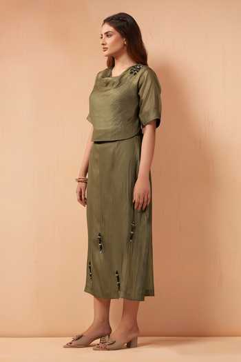 Savaaya_Olive Green Tissue Cowl Neck Ember Layered Top And Skirt Set _Online_at_Aza_Fashions
