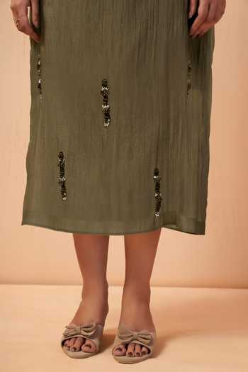Buy_Savaaya_Olive Green Tissue Cowl Neck Ember Layered Top And Skirt Set _Online_at_Aza_Fashions