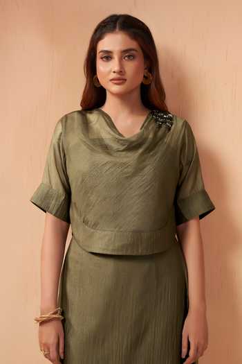 Shop_Savaaya_Olive Green Tissue Cowl Neck Ember Layered Top And Skirt Set _Online_at_Aza_Fashions