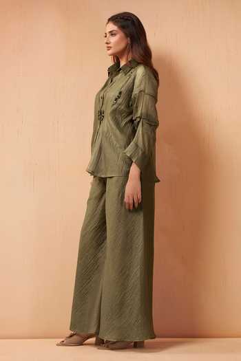 Buy Savaaya Olive Green Tissue Collared Neck Drift Handwork Shirt And Pant Set Online at Aza Fashions Buy_Savaaya_Olive Green Tissue Collared Neck Drift Handwork Shirt And Pant Set _Online_at_Aza_Fashions