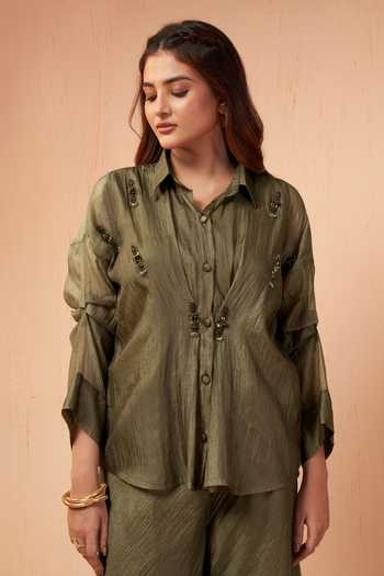 Shop Savaaya Olive Green Tissue Collared Neck Drift Handwork Shirt And Pant Set Online at Aza Fashions Shop_Savaaya_Olive Green Tissue Collared Neck Drift Handwork Shirt And Pant Set _Online_at_Aza_Fashions