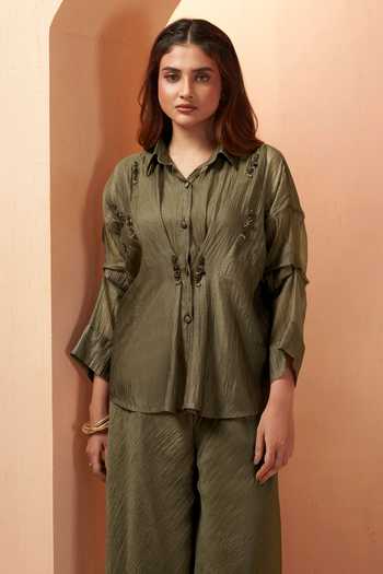 Savaaya Olive Green Tissue Collared Neck Drift Handwork Shirt And Pant Set at Aza Fashions Savaaya_Olive Green Tissue Collared Neck Drift Handwork Shirt And Pant Set _at_Aza_Fashions