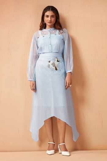 Savaaya Blue Tissue High Neck Lumen Handwork Skirt Set Online at Aza Fashions Savaaya_Blue Tissue High Neck Lumen Handwork Skirt Set _Online_at_Aza_Fashions