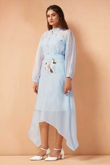 Shop Savaaya Blue Tissue High Neck Lumen Handwork Skirt Set Online at Aza Fashions Shop_Savaaya_Blue Tissue High Neck Lumen Handwork Skirt Set _Online_at_Aza_Fashions