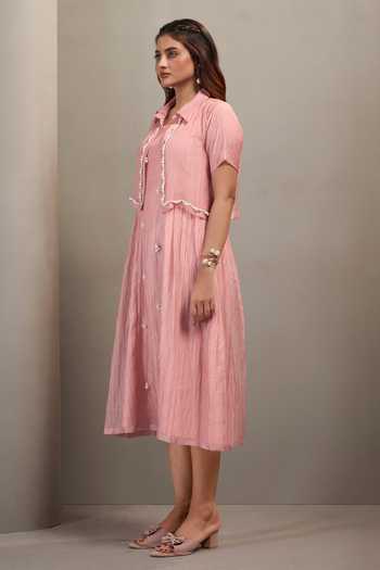 Savaaya_Pink Tissue Square , Collared Evie Handwork Dress And Jacket Set _Online_at_Aza_Fashions