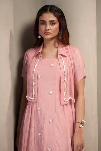 Shop_Savaaya_Pink Tissue Square , Collared Evie Handwork Dress And Jacket Set _Online_at_Aza_Fashions