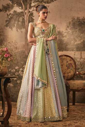 Vana Ethnics Multi Color Silk, Organza, Tissue Sequins And Mirror Embroidered Lehenga Set Online at Aza Fashions Vana Ethnics_Multi Color Silk, Organza, Tissue Sequins And Mirror Embroidered Lehenga Set _Online_at_Aza_Fashions