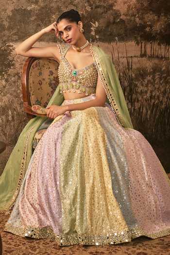 Shop Vana Ethnics Multi Color Silk, Organza, Tissue Sequins And Mirror Embroidered Lehenga Set Online at Aza Fashions Shop_Vana Ethnics_Multi Color Silk, Organza, Tissue Sequins And Mirror Embroidered Lehenga Set _Online_at_Aza_Fashions
