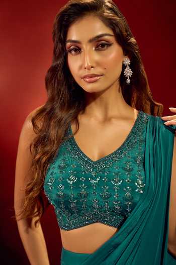 Buy Samyukta Singhania Green Crepe V-neck Pre-draped Saree With Embroidered Blouse Buy_Samyukta Singhania_Green Crepe V-neck Pre-draped Saree With Embroidered Blouse