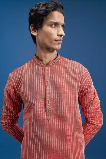 Arihant Rai Sinha Red Cotton, Polyester Embroidered Kurta And Pyjama Set at Aza Fashions Arihant Rai Sinha_Red Cotton, Polyester Embroidered Kurta And Pyjama Set _at_Aza_Fashions