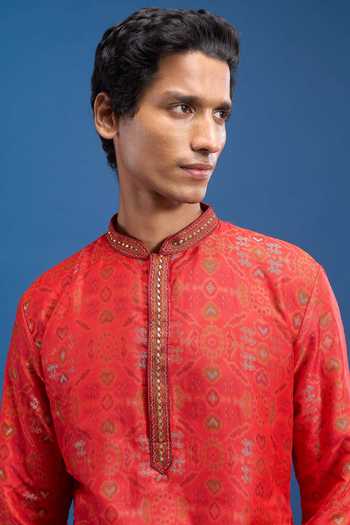 Buy Arihant Rai Sinha Red Polyester, Cotton Geometric Woven Kurta Set Online at Aza Fashions Buy_Arihant Rai Sinha_Red Polyester, Cotton Geometric Woven Kurta Set _Online_at_Aza_Fashions