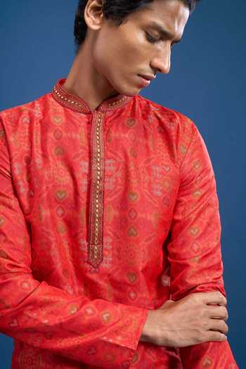 Shop Arihant Rai Sinha Red Polyester, Cotton Geometric Woven Kurta Set Online at Aza Fashions Shop_Arihant Rai Sinha_Red Polyester, Cotton Geometric Woven Kurta Set _Online_at_Aza_Fashions