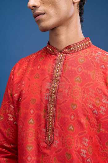 Arihant Rai Sinha Red Polyester, Cotton Geometric Woven Kurta Set at Aza Fashions Arihant Rai Sinha_Red Polyester, Cotton Geometric Woven Kurta Set _at_Aza_Fashions