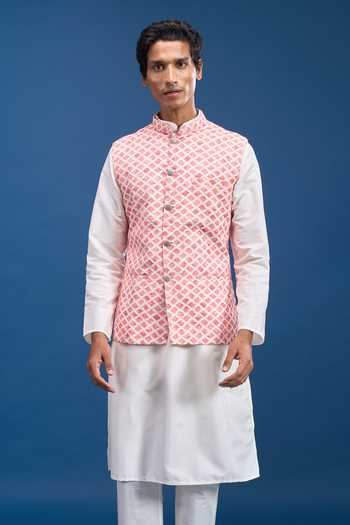 Shop Arihant Rai Sinha Pink Cotton Embroidery Geometric Motif Bundi Online at Aza Fashions Shop_Arihant Rai Sinha_Pink Cotton Embroidery Geometric Motif Bundi _Online_at_Aza_Fashions